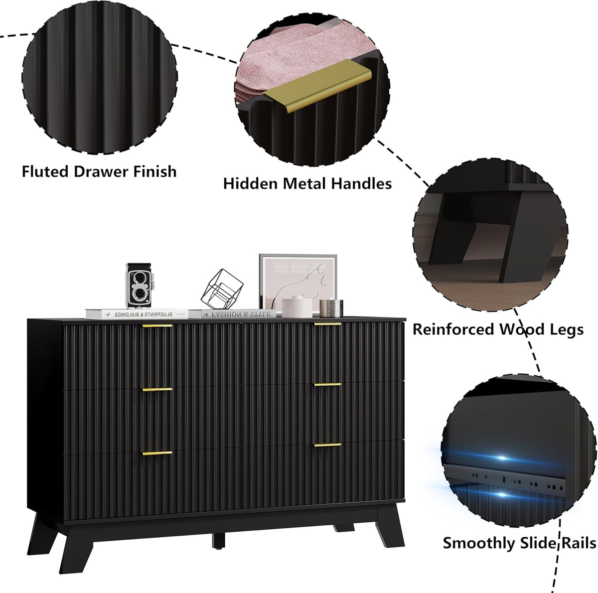 6 Drawer Dresser for Bedroom, Fluted Dressers Chest of Drawers, Black