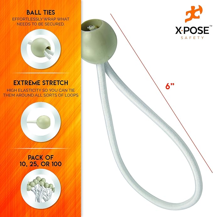 Xpose Safety Bungee Ball Cords 6" 100 Pack Heavy Duty White Stretch Rope with Ball Ties for Canopies, Tarps, Walls, Cable Organization