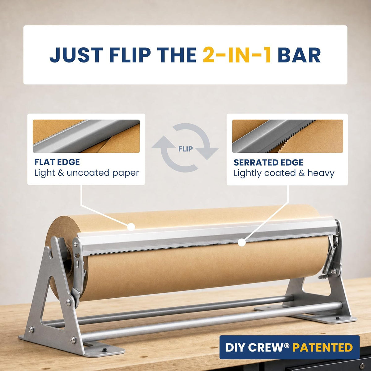 DIY Crew 18 Inch Paper Roll Dispenser and Cutter - Heavy-Duty Wall Mountable, Non Slip Tabletop - Kraft, Freezer, Butcher Paper - Up to 1000ft Rolls