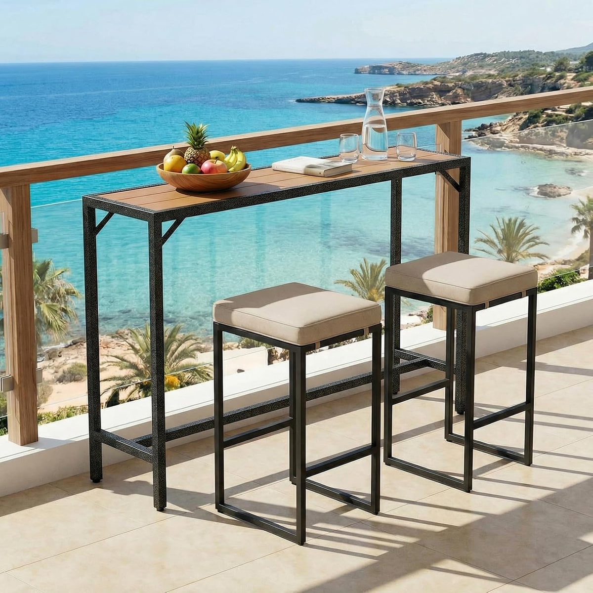 TLSUNNY 55" Patio Bar Table, Sturdy Outdoor Counter Height Table, Teak