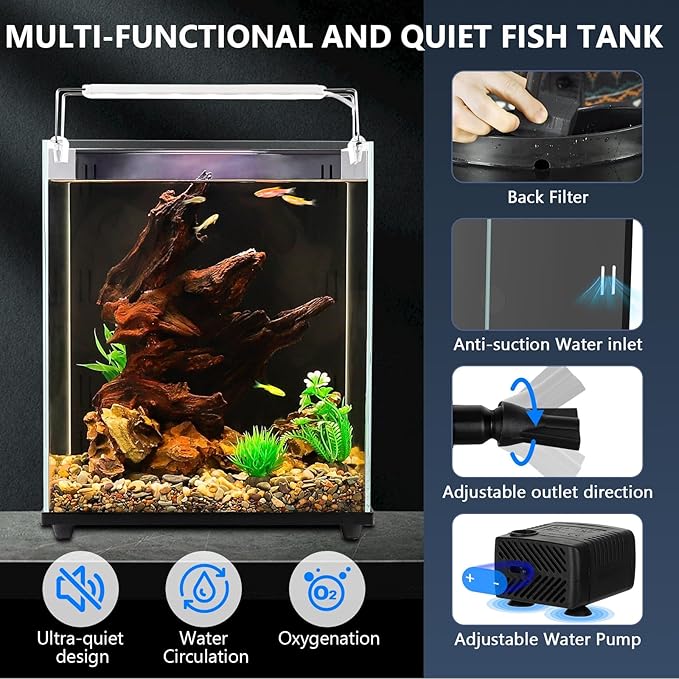 fishkeeper 5 Gallon Fish Tank Starter Kit, Small Aquarium with Filter and Adjustable 3 Color Lighting Self Cleaning Fish Bowl Rimless Aquarium for Beginners (Freshwater Fish Tank)