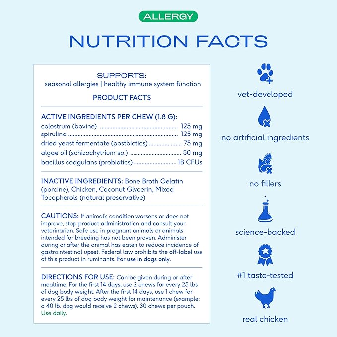 Native Pet Dog Allergy Chews - Dog Allergy Relief with Probiotics and Colostrum for Itchy Skin Relief to Support Seasonal Allergy and Healthy Immune System - All Natural Anti-Histamine - 120 Chews