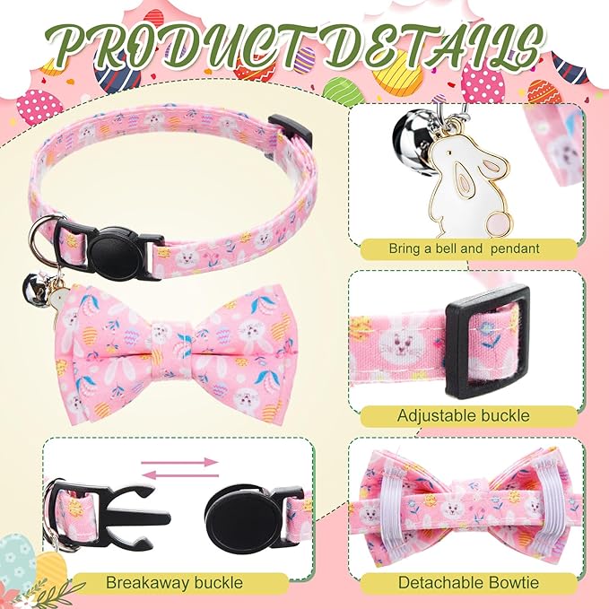 Hsei 6 Pcs Easter Cat Collar Bulk with Bow Tie Bell Spring Easter Eggs Carrots Bunny Rabbit Kitten Adjustable Breakaway Bowtie Collar for Boy Girl Cats Small Dog Pet Holiday Party Favors Gifts