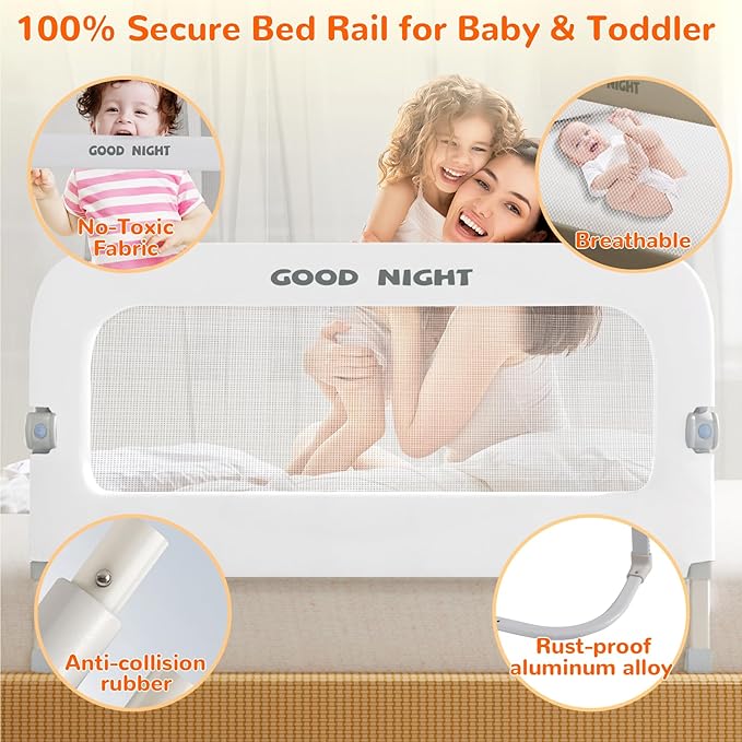 Bed Guard Rail for Toddlers - 32" Adjustable Heights & Folding up Portable Bed Railing for Baby - Toddler Bed Rails Guard for Crib, Twin, Bunk,Full Size, Queen & King Bed(White)