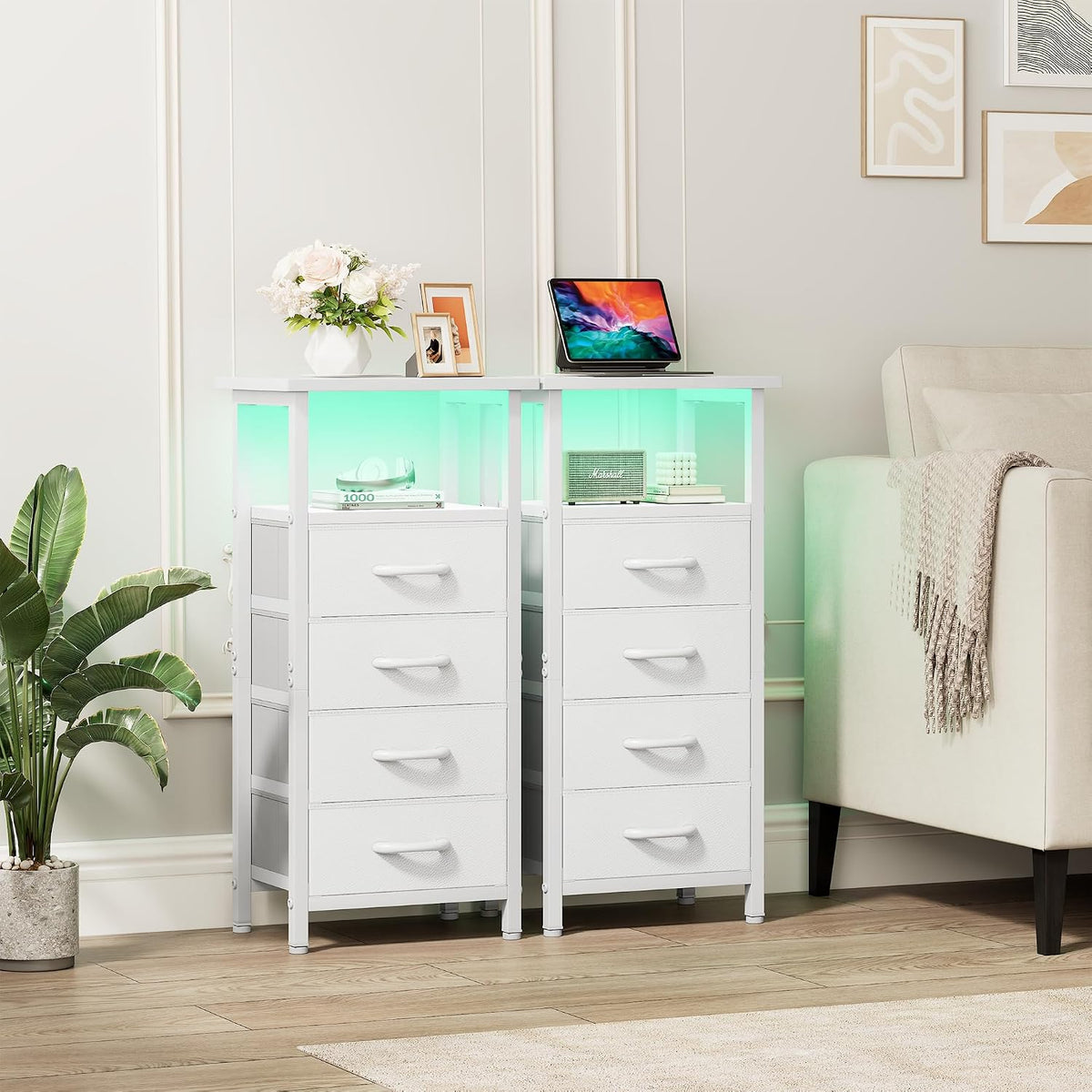 Vagusicc White Nightstand with Charging Station & LED Light, 28.6'' Tall Night Stand Bedside Table with 4 Fabric Drawers & Open Shelf, Small Bedside Tables Bed Side Table Nightstand for Bedroom, White