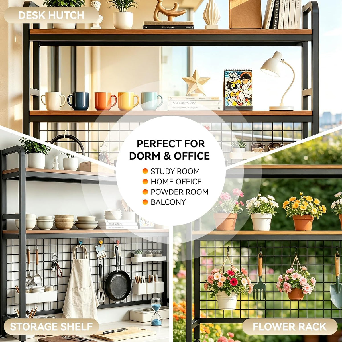 Desktop Bookshelf with Pegboard, 2-Tier Desk Hutch Storage Organizer Rack, Metal Frame & Wood Board, for 27-inch Monitor, Home Office & Dorm，Black,45.3" W