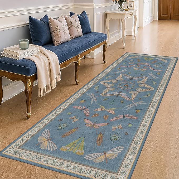 Vintage Blue Insect Hallway Runner Rug 3x8 Long, Non Slip Washable Carpet