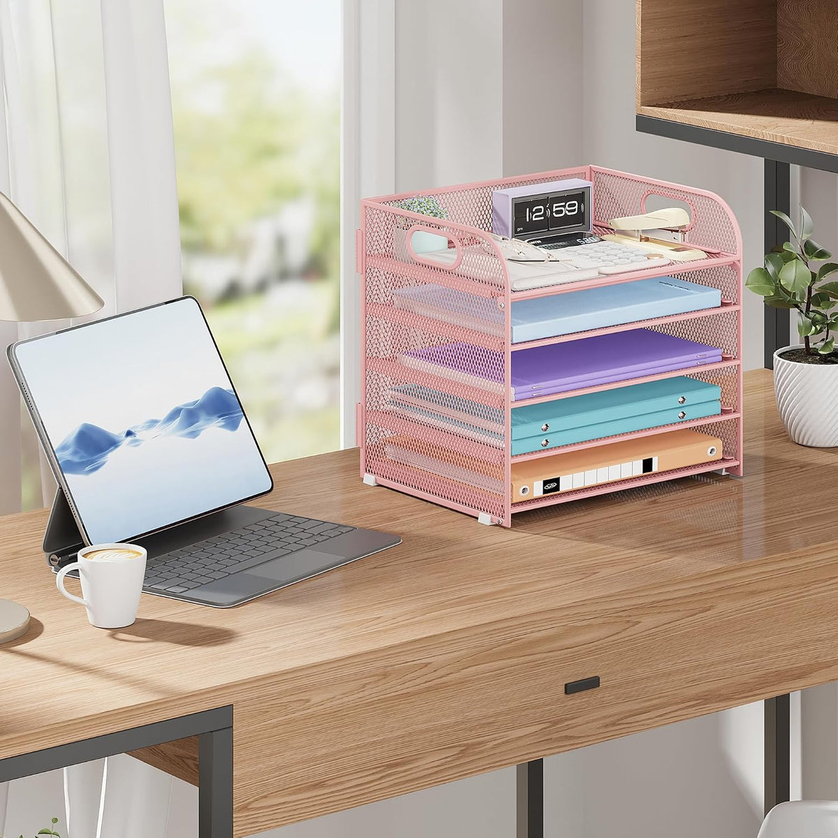 Cawukege 2 Pack 5 Tier Paper Organizer, Letter Tray with Handle, Mesh Desk Organizer, Metal File Organizer, Office Desk Accessories for Home, Office, Classroom, School (Pink, 2)