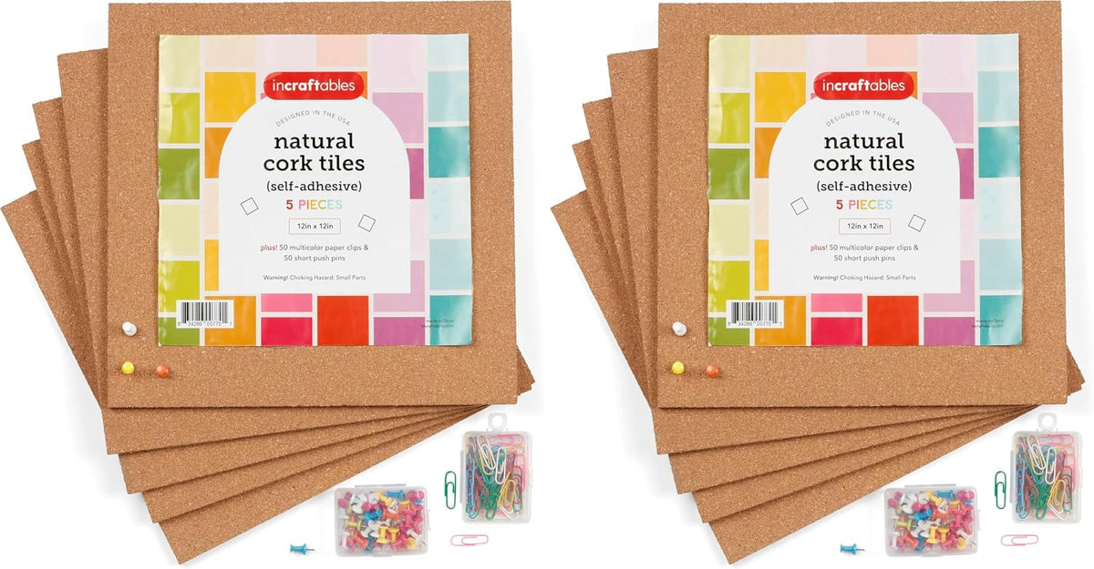 Cork Board Tile Squares – 5 Piece 12x12 Self-Adhesive Squares for Bulletin Boards, Wall Corkboards, Vision Boards, Pin Boards, Office & Craft Projects (Pack of 2)