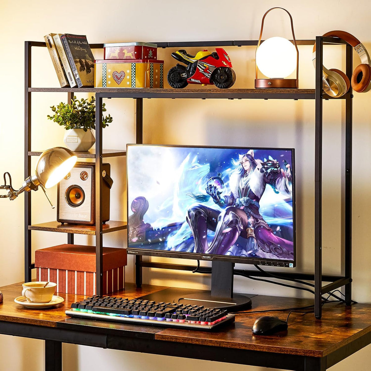 IBUYKE Desk Shelf,Computer Desktop Bookcase,37.8 Inch Multipurpose Wood Desk Hutch Bookshelf for Computer,4 Tier Desk Organizer for Office Home Dormitory,Brown TMZ005H