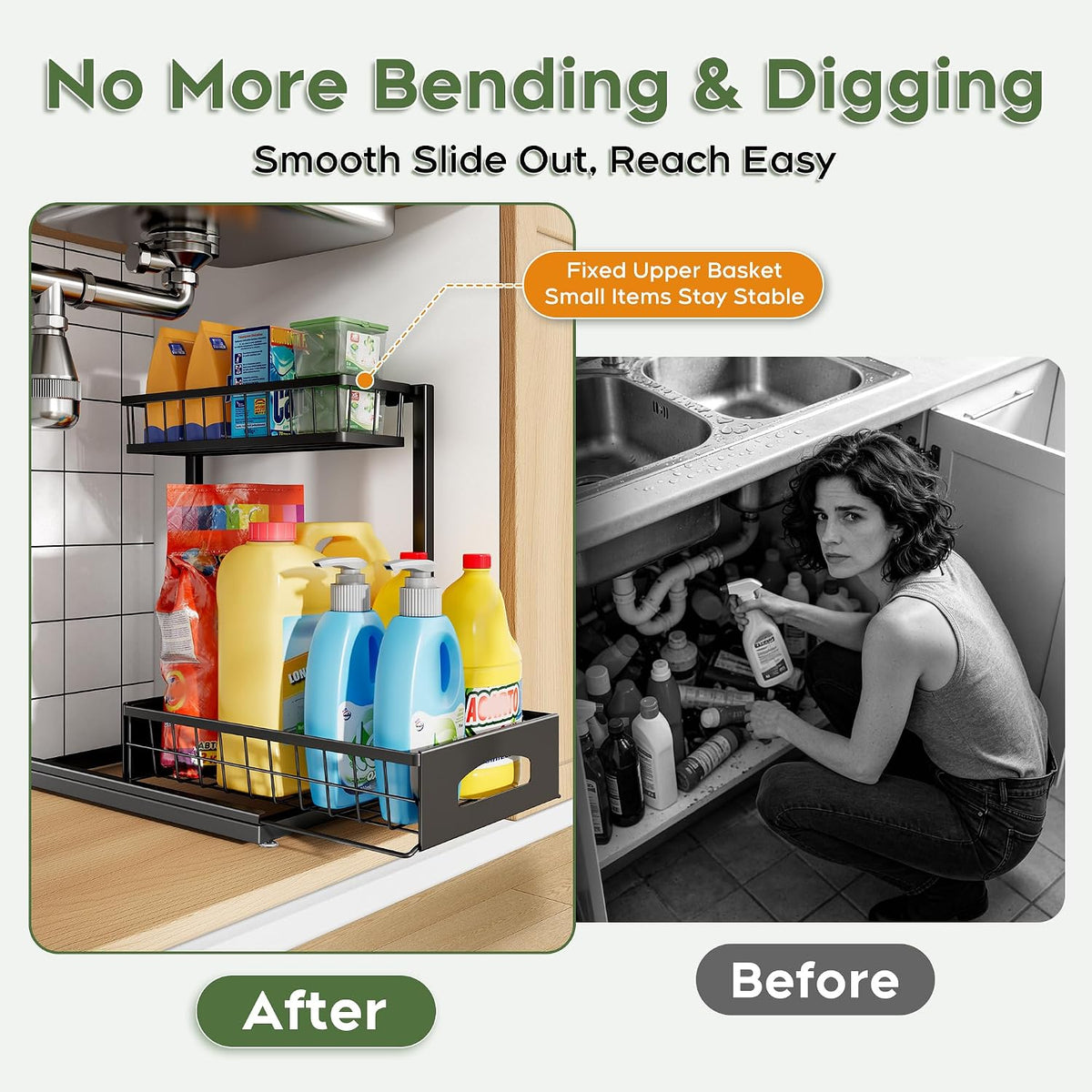 Under Sink Organizer, 2-Pack L-Shaped Metal Pull-Out Drawers for Kitchen