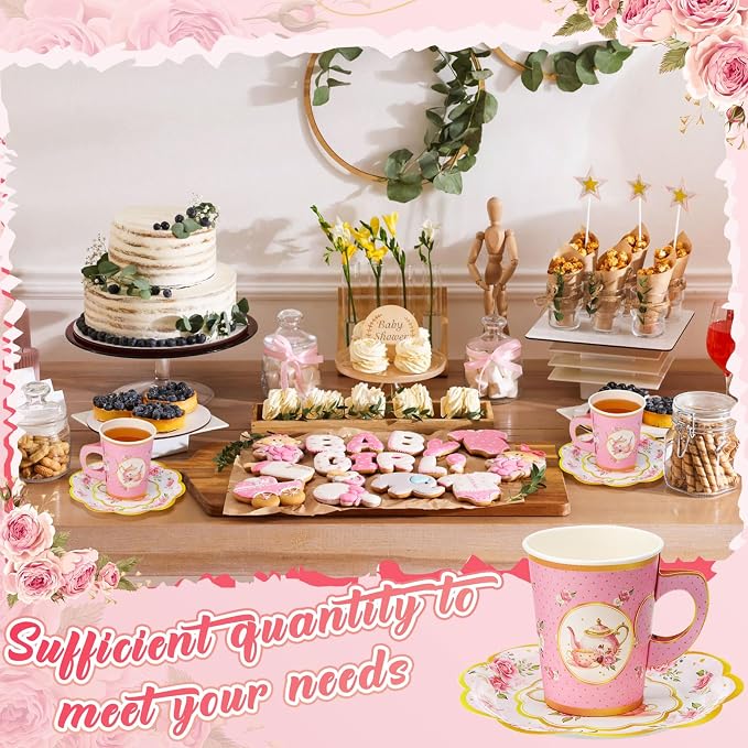 Tioncy 100 Pcs Tea Party Decorations Include 50 Pieces 9 oz Paper Tea Cups