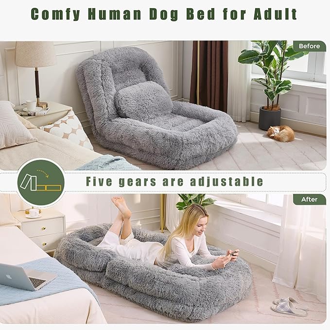 Human Dog Bed for Adult and Kids, Comfy Foldable Lazy Floor Sofa Bed with 5 Adjustable Position, Grey Upholstered Floor Bean Bag Lounger Chair for Bedroom, Living Room,Office (Gray)