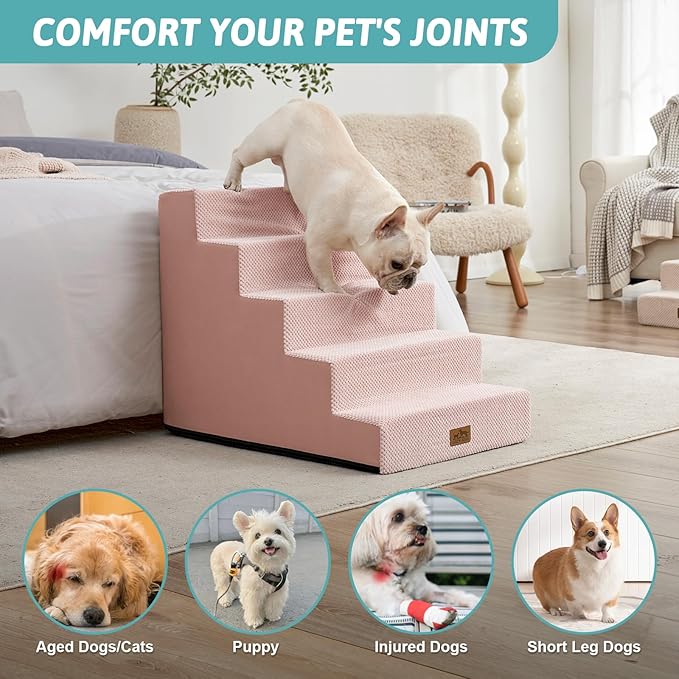 Dog Stairs for Small Dogs 5-Step, 19.7" Extra Wide Right-Angle Pet Stairs for Couch and Beds, Anti-Slip Dog Steps for Old Cats and Lowrider, 19.7x29.5x23.6 inch, Pink