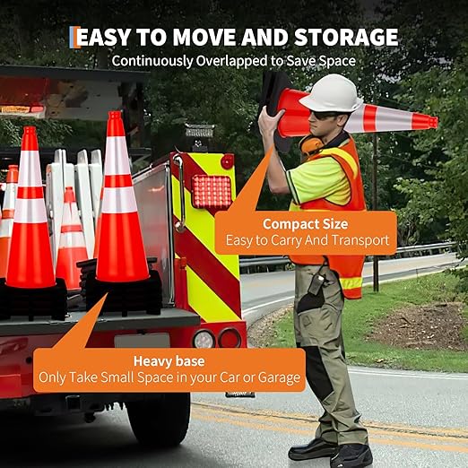Traffic Cones 28", ExploreHorizon 10 PCS Safety Cones, PVC Orange Safety Road Parking Cones with 2 Reflective Collars,Hazard Construction Cones for Home Traffic Parking