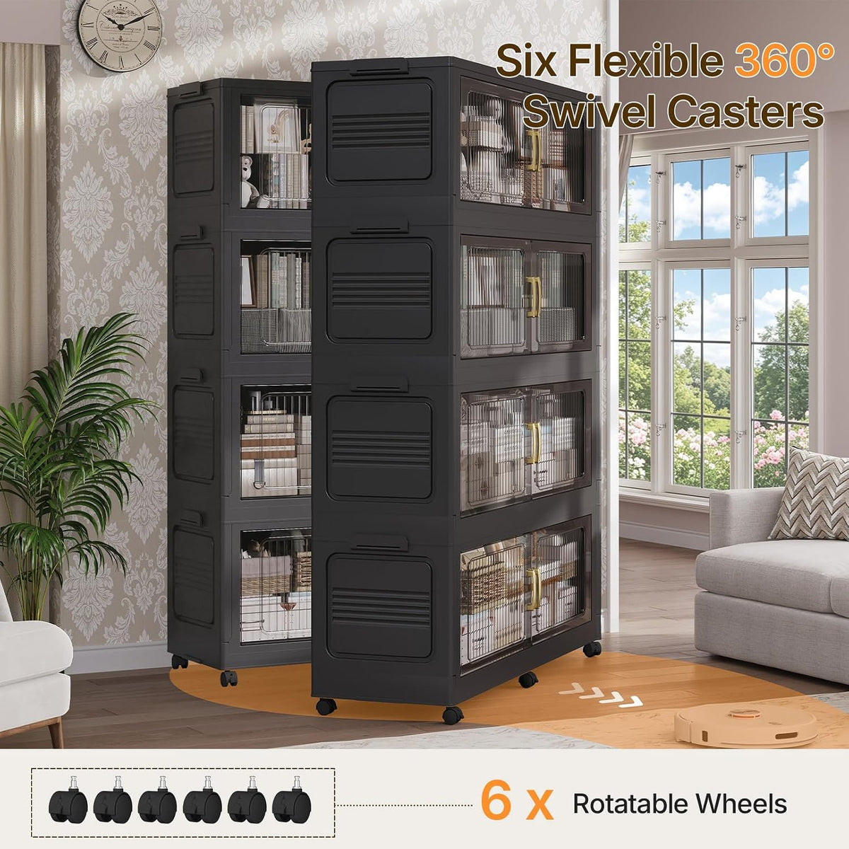 210Gal Extra Large Stackable Storage Bins with Lid, 840QT Foldable Collapsible Storage Box with Doors and Wheels, Plastic Closet Organizers Container Drawer for Bedroom Kitchen Garage, 3Pack