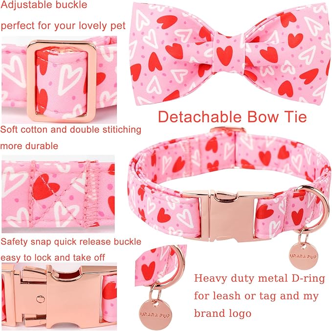 Valentine’s Day Dog Collar with Bow Tie, Red Heart Bowtie Collar with Metal Buckle, Valentine’s Day Gift Pet Collar for Puppy Girl Boy Dog or Cat, Wedding Dog Collar, XS, Neck 8-12in