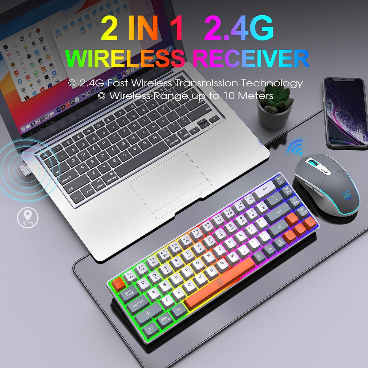 Snpurdiri 60% Wireless Gaming Keyboard and Mouse Combo (Gray-White-Orange)