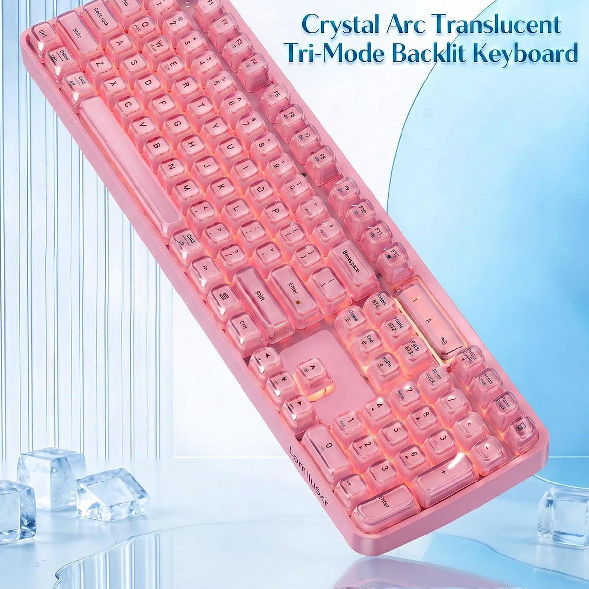 Lomiluskr RGB Arc Wireless Keyboard, BT/2.4G/Wired Tri-Mode, Full Size Crystal Texture Translucent Jelly Keycaps, 2000mAh Rechargeable, Compatible with PC/Notebook/Tablet/Smartphone (Pink)