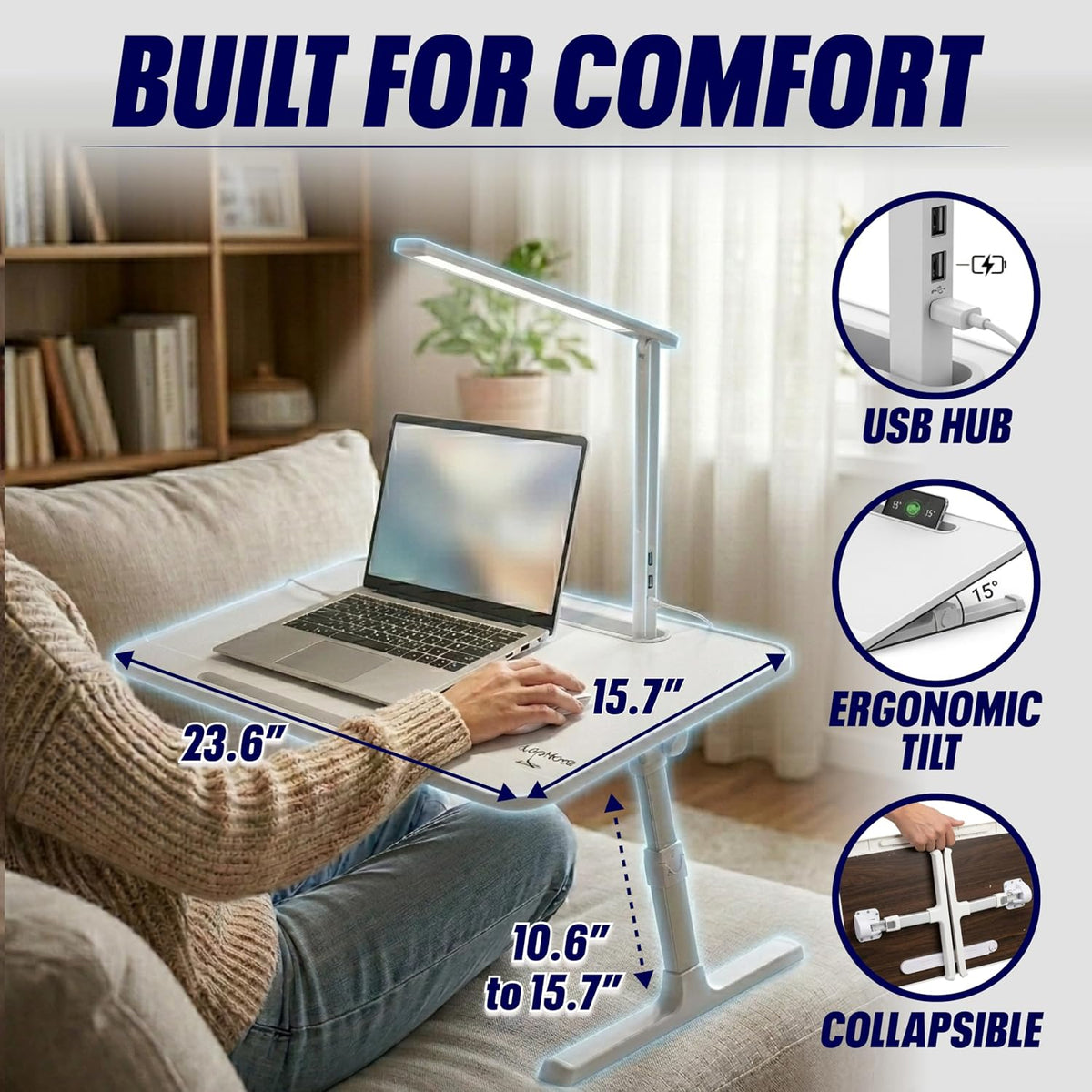 LED Adjustable Lap Desk with Portable LED Lamp and USB-C Charging Ports with Cord