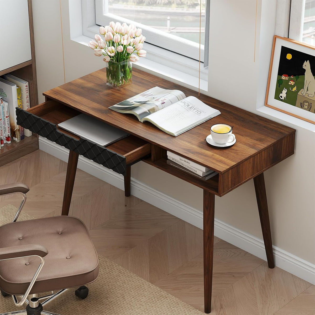 Giantex Mid Century Modern Desk, 42.5" Vintage Computer Desk with Storage Drawer & Rubber Wood Legs, Makeup Vanity Table, Wood Computer Workstation, Small Writing Desk for Bedroom, Small Space, Walnut