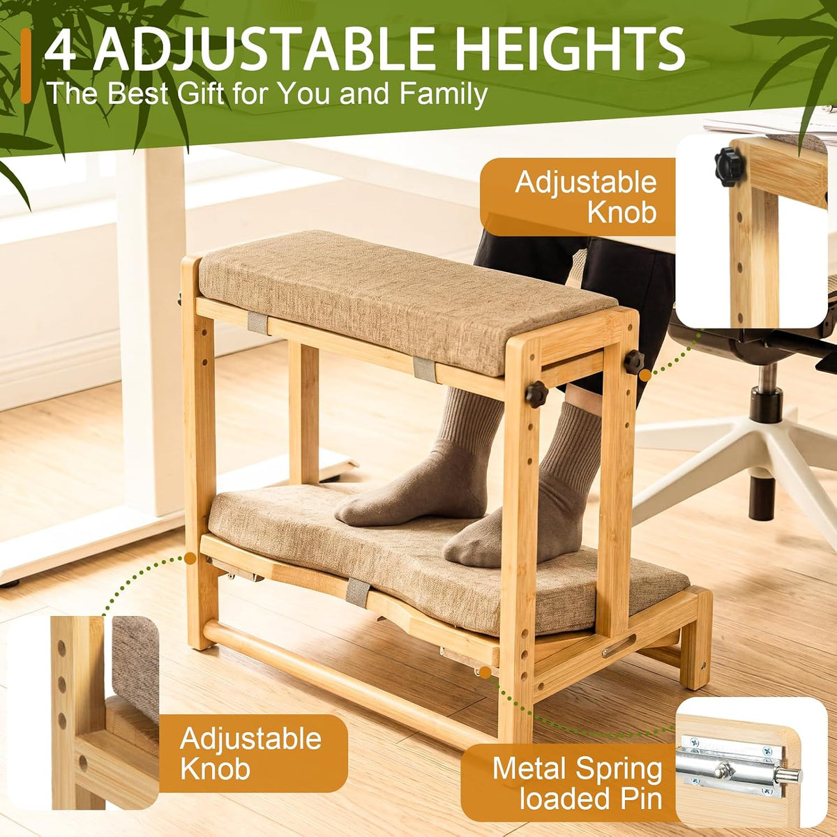 Adjustable Wooden Under Desk Footrest, Ergonomic Double Step Desk Foot Stool with Removable Cushion,Adjustable 4 Heights Leg Rest, Wide Foot Rest Under Desk Ideal for Office, Gaming, and Study