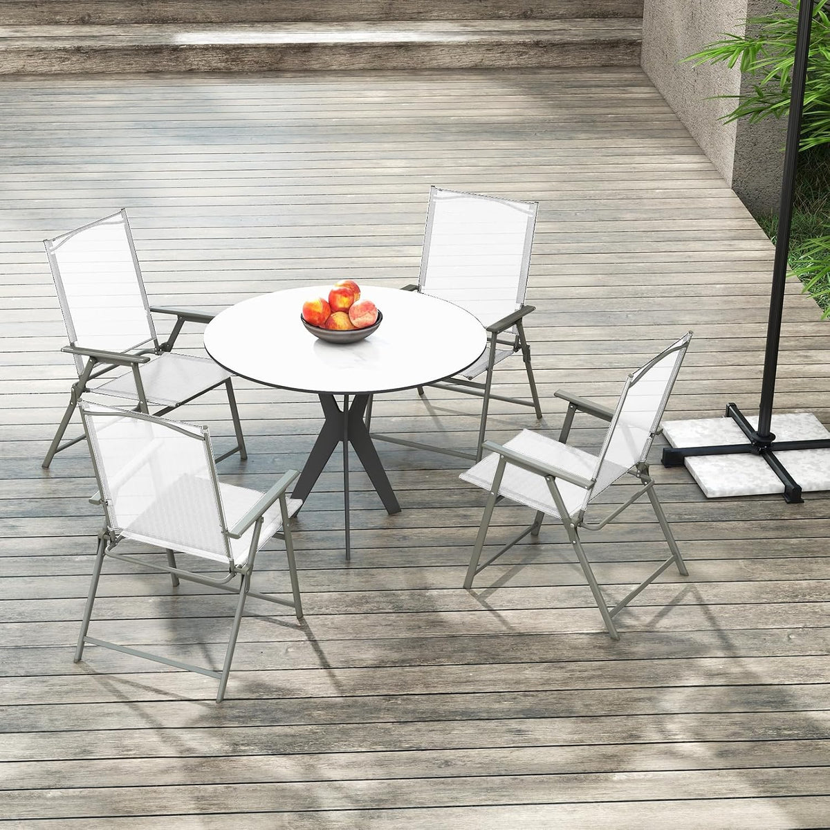 Tangkula Set of 2 Patio Folding Chairs, High Back Dining Chairs with Weather-Resistant Fabric, No Assembly, Outdoor Portable Metal Lawn Chairs with Armrests & Footrest for Garden (White)