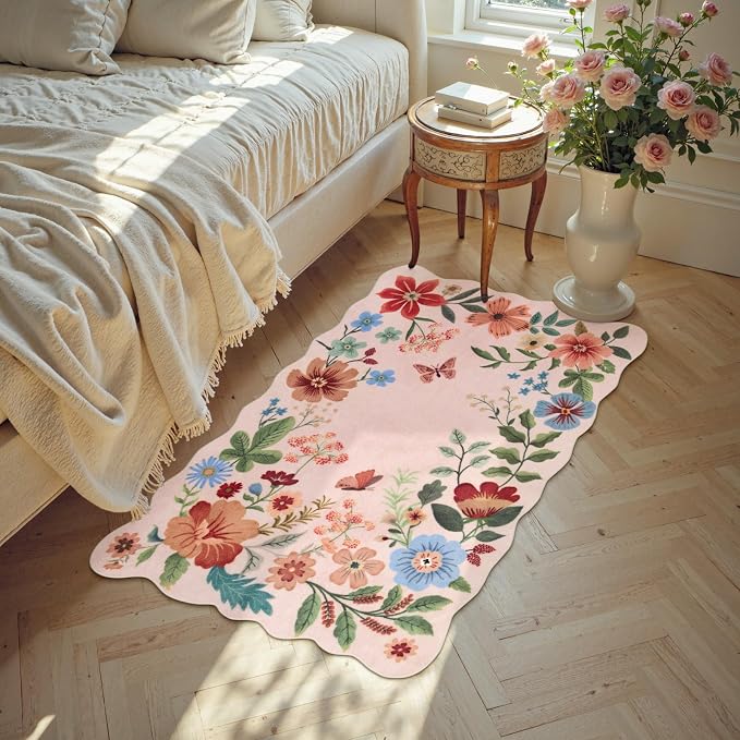 Lahome Floral Pink Rugs for Entryway, 2X3 Washable Kitchen Rug Non Slip