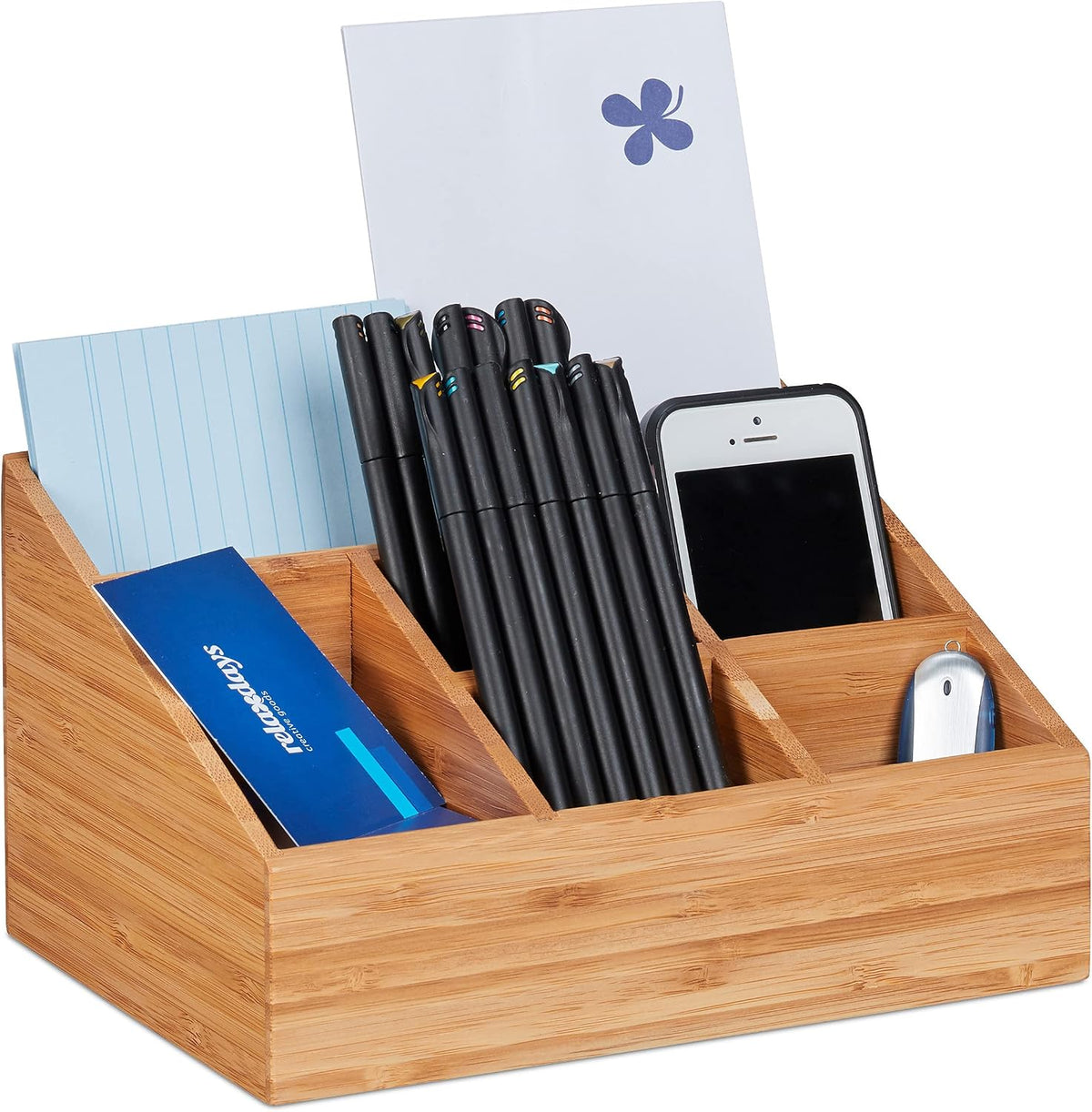 Relaxdays Desk Organiser, 6 Compartments for Pens, Notes, Letters, Paperclips and More, Bamboo Stand, Natural