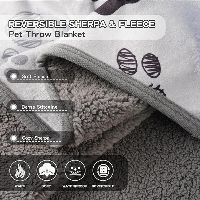 Waterproof Dog Blankets, 30"x40" Cat Blanket for Indoor Cats, Soft Fluffy Sofa Car Bed Protector, Reversible Sherpa Fleece Puppy Blanket for Small Medium Dogs (Light Grey-Paws)