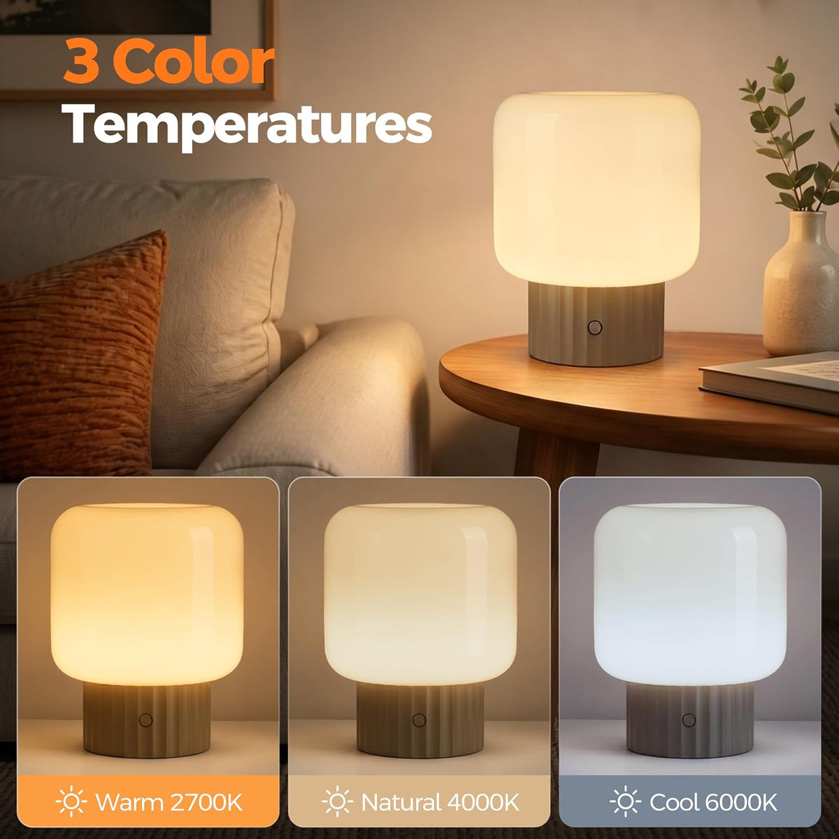 VOLISUN Mushroom Lamp, Cordless Rechargeable Table Lamp with Glass Shade, 3 Color Temperatures & Stepless Dimming, 5200mAh, Touch Control Bedside Lamps for Living Room, Bedroom, 1 Pack (Brown)