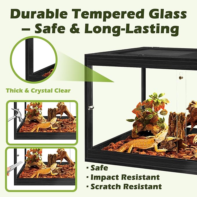 Prolee Tempered Glass Beard Dragon Tank 81 Gallon,Reptile Encloure and Snake Tank with Metal Mesh Roof Door,Locking Design Reptile Tank for Lizard,Gecko,Chameleon (48"X20"X20",Black)