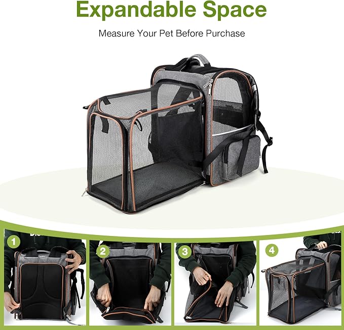 Lekebobor Cat Carrier Backpack, Expandable Pet Carrier with Sun Shade & Full Front Opening, Breathable Mesh Backpack for Small Dogs & Medium Cats Up to 18 Lbs, Foldable for Hiking, Camping (Grey)