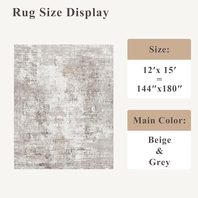 12x15 Area Rug for Living Room – Large Modern Neutral Abstract Thin Washable