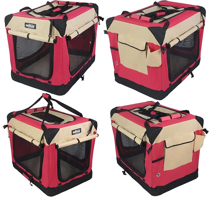 EliteField 4-Door Folding Soft Dog Crate with Curtains, Carrying Bag and Fleece Bed (2 Year Warranty), Indoor & Outdoor Pet Home (20" L x 14" W x 14" H, Red+Beige)