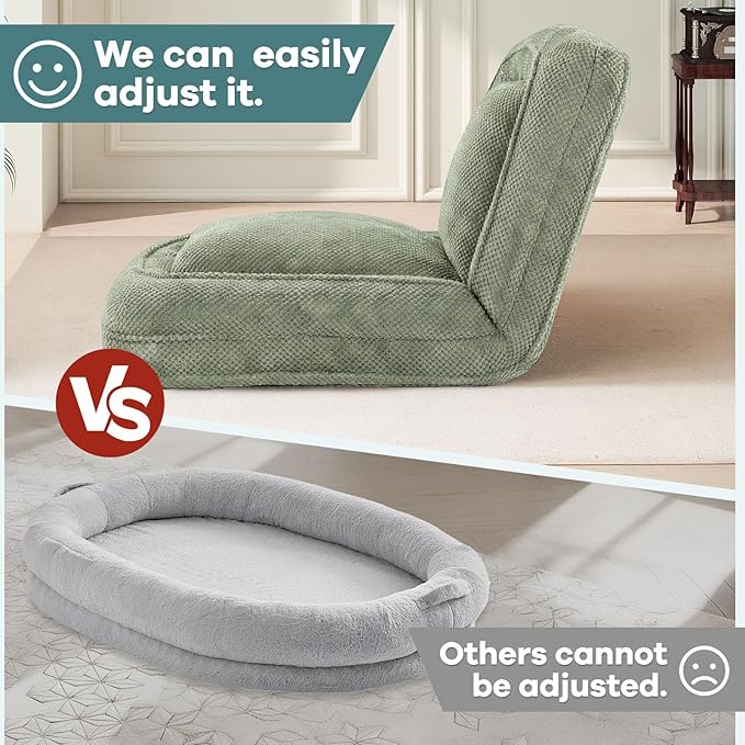 Human Dog Bed for Adults & Pets, 5-Position Adjustable Floor Chair, Convertible Lazy Sofa Bed with Metal Frame & 2 Pillows, Plush Gaming Lounge for Living Room Bedroom Office (Green)