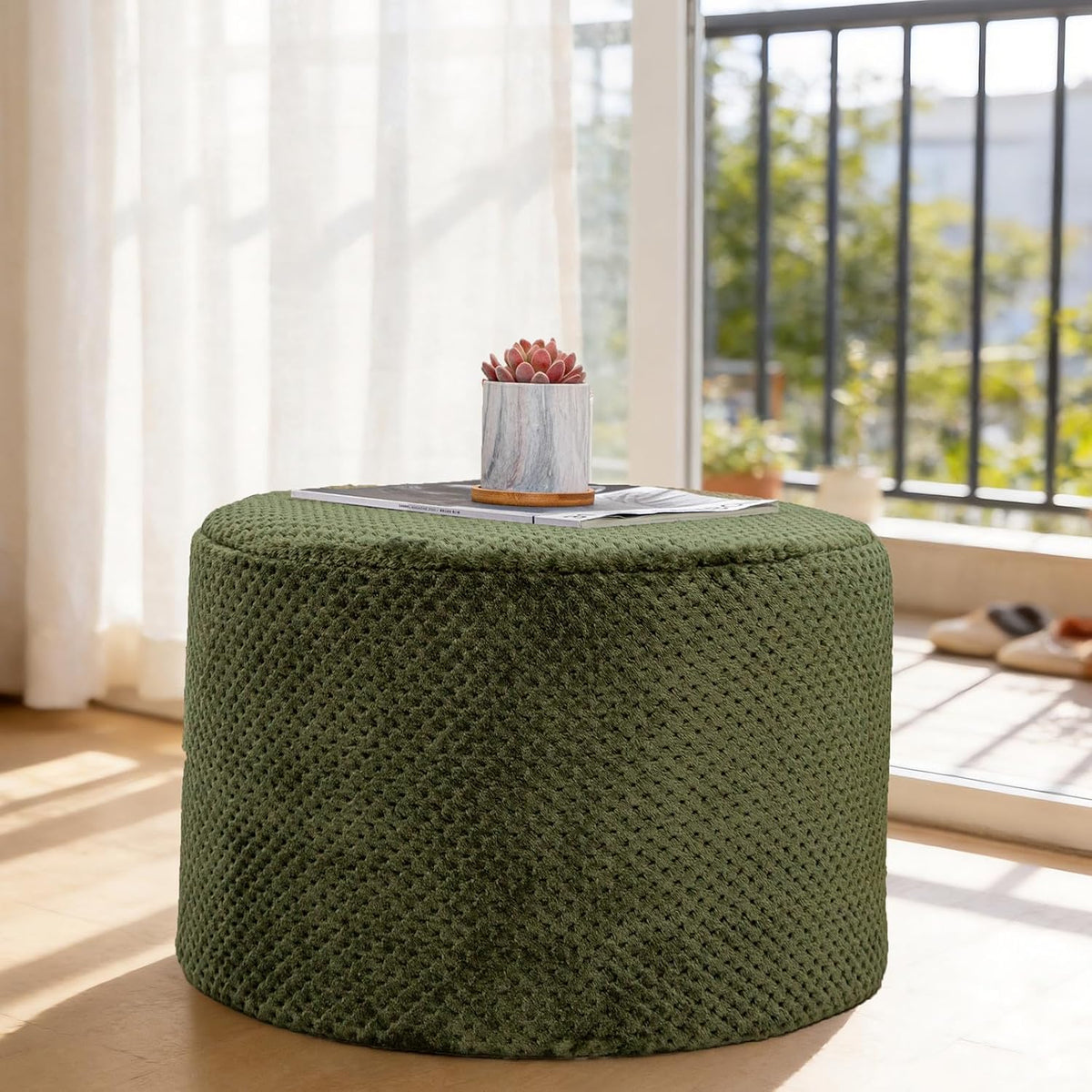 20"x14" Round Foam Stuffed Pouf Ottoman, Under Desk Footrest,Deep Green