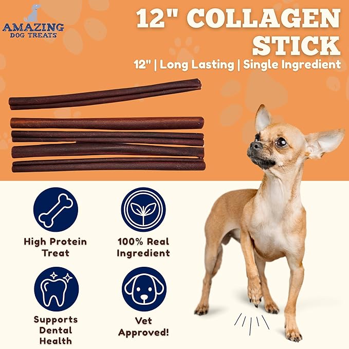 Amazing Dog Treats 12 Inch Collagen Stick - (10 Count)- Collagen Sticks for Dogs - No Hide Dog Bones
