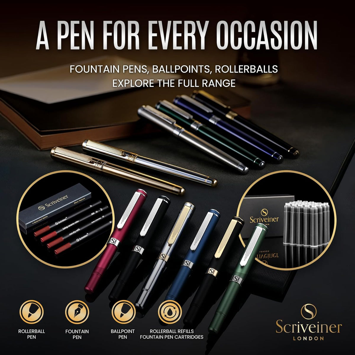 Scriveiner Silver Chrome Ballpoint Pen - Stunning Luxury Pen, Real Gold Plating, Schmidt Black Refill, Best Ball Pen Gift Set for Men & Women, Professional, Executive, Office, Nice, Fancy Pens