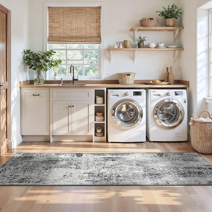 2x12 Grey Rug Runners for Hallways Kitchen Runner Rug Non Slip Washable Black