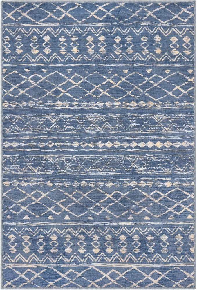 KUTA 3x5 Boho Area Rug for Living Room, Moroccan Blue Beige Washable Kitchen