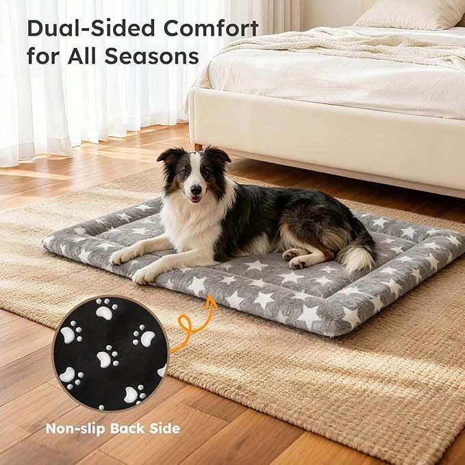 Dog Bed Mat, Dual-Sided Dog Crate Bed Mat - Ultra Soft & Machine Washable Kennel Pad for Medium Dogs, All-Season Comfort Pet Bed for Crates, Travel, and Home, Star Gray, 30 x 18 Inch