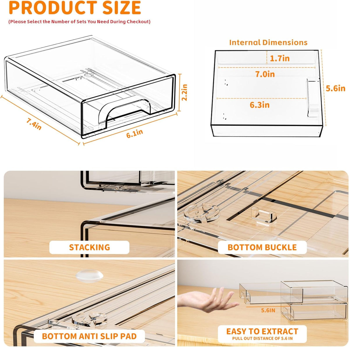 Yieach 2.2'' Tall Acrylic Clear Stackable Storage Drawer Organizer,8 Pack Desk Organization and Storage,Plastic Office Supply Organizer,Drawer Storage Organizer for Makeup,Accessory,Pen,Art Crafts