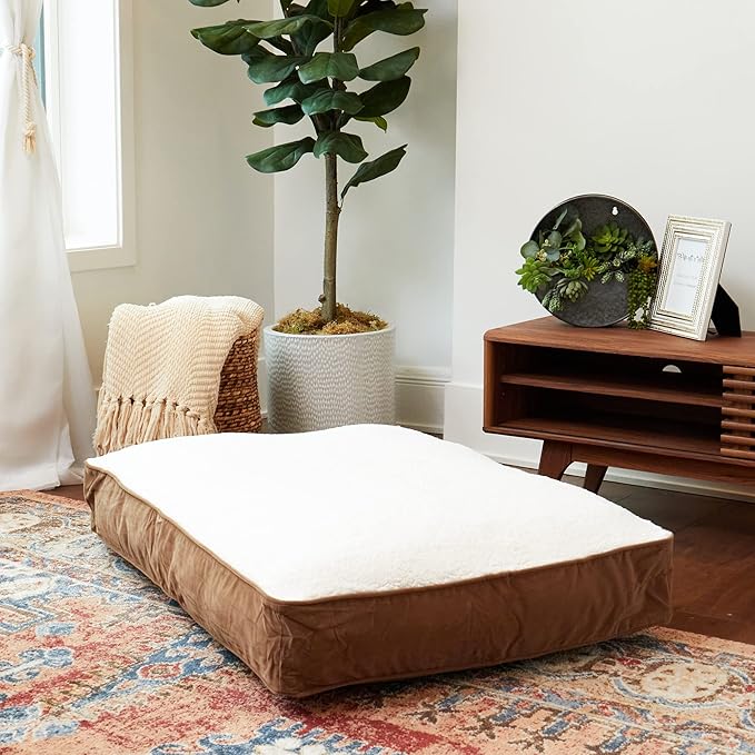South Pine Porch Buddy Reversible Rectangle Pillow Style Microfiber and Sherpa Dog Bed with Removable, Machine-Washable Cover, Latte Sherpa, Medium (42 in. x 30 in.)