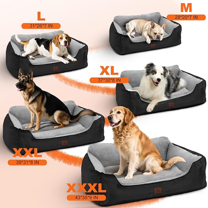 Dog Beds for Extra Large Dogs, Orthopedic Washable Pet Bed with Sides, Big Dog Couch Sofa with Non-Slip Bottom, 43”x35”x9”, Black