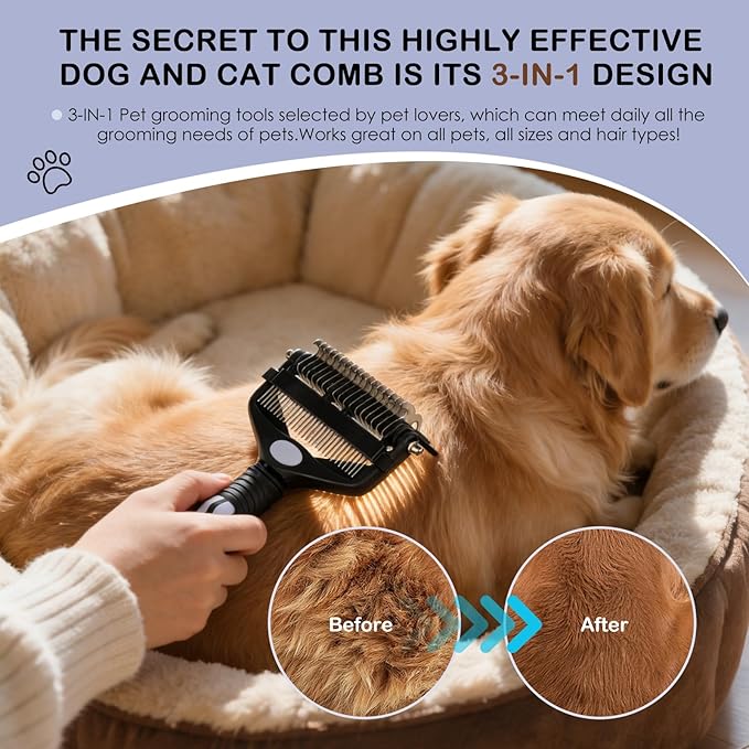 3-IN-1 Pet Deshedding and Grooming Tool, Grooming Brush for Dogs and Cats with Undercoat Rake & Dematting Comb for Matted Fur Removal Long and Short Haired Dogs Cats