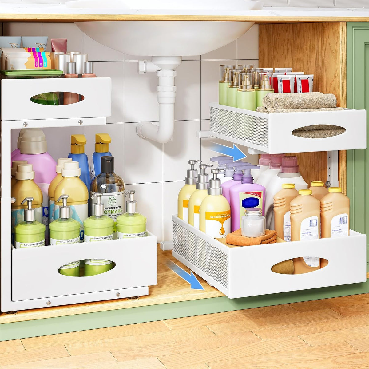 Under Sink Organizer, 2-Pack Pull Out Cabinet Organizer 2 Tier Metal Slide Out Storage Shelf Rack, L-Shaped Adjustable Height,Mesh Sliding Drawer for Kitchen, Bathroom, Laundry, Pantry, White, XL
