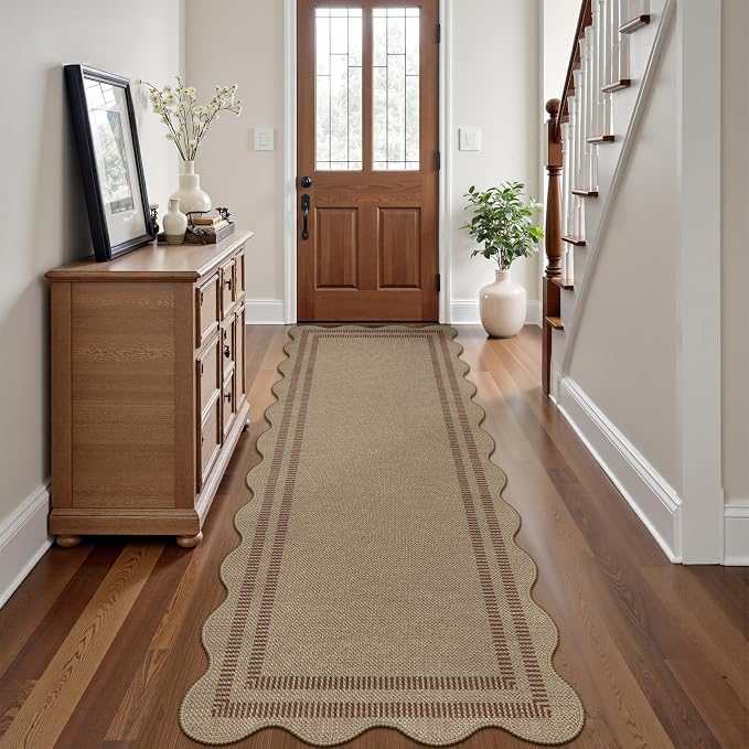 Scalloped Easy Jute 2.6x8 Kitchen Runner Rug, Washable Rugs