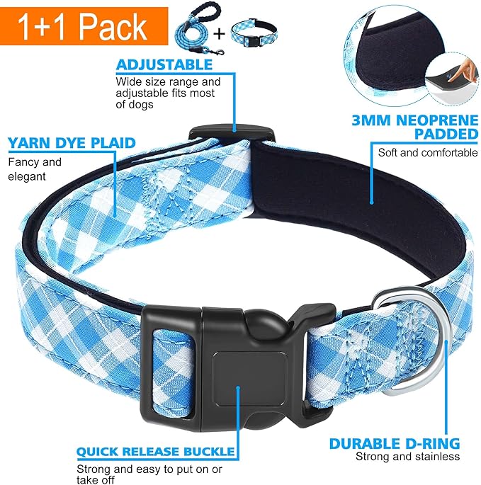 Reflective Dog Collar Padded with Soft Neoprene Breathable Adjustable Nylon Dog Collars for Small Medium Large Dogs (Medium (Pack of 1), Vivid Blue Plaid Collar+Leash)