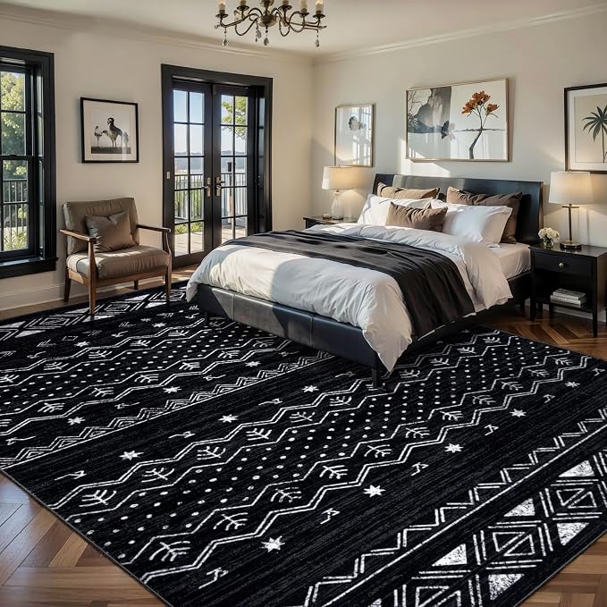 SERISSA 9x12 Area Rugs for Living Room, Washable Non-Slip Black and White Boho